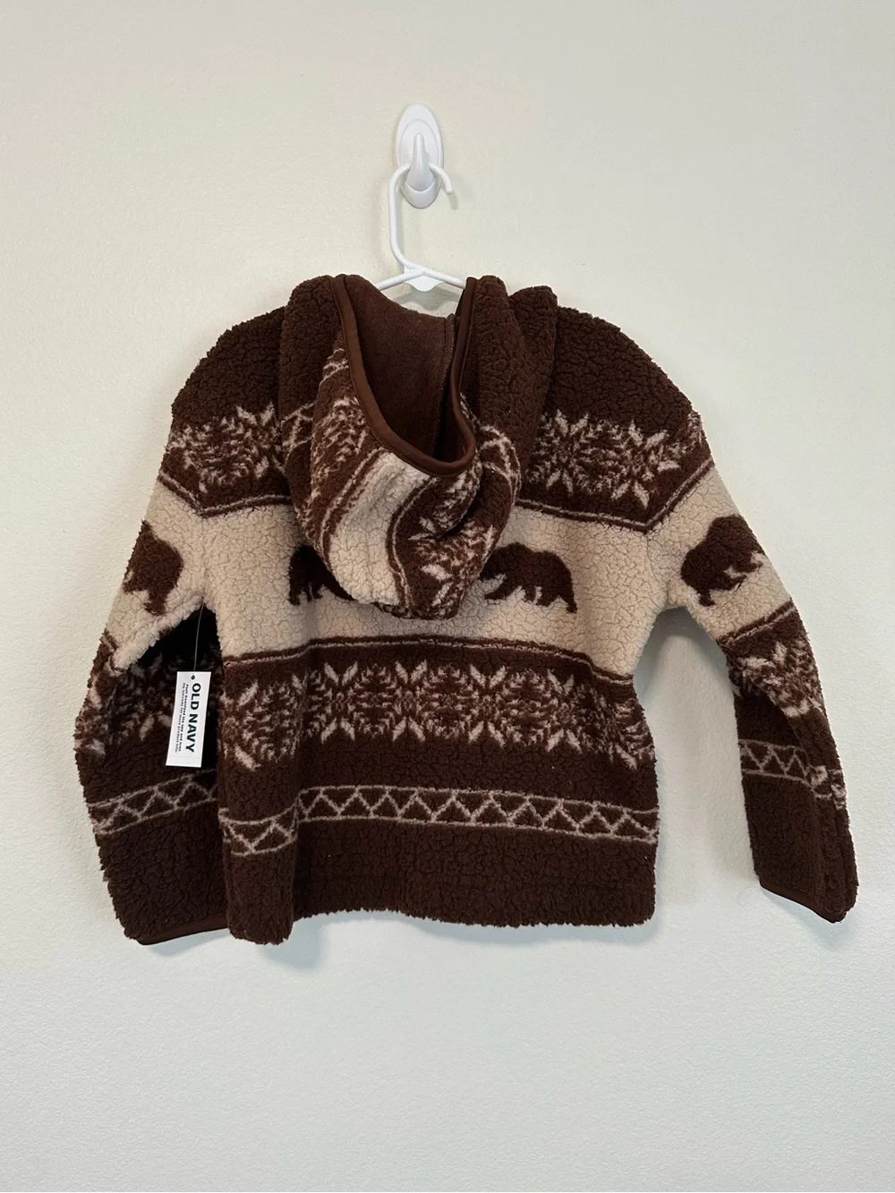 NWT Old Navy Kids' Brown & Cream Sherpa Bear Pattern Zip-Up Hoodie